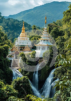 AI creates images of Thai temples located on cliffs with waterfalls