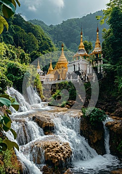 AI creates images of Thai temples located on cliffs with waterfalls