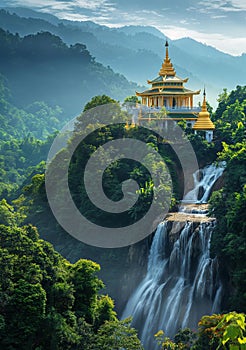 AI creates images of Thai temples located on cliffs with waterfalls