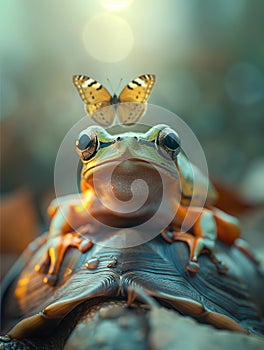 AI creates images of tree frog with a butterfly on its head sitting