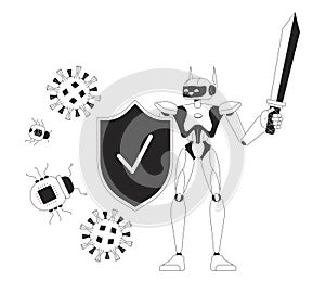 AI cyber defense black and white 2D illustration concept