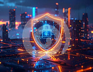 AI Cybersecurity Shield with Digital Lock for Data Protection and Network Security