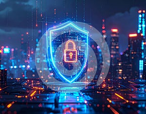 AI Cybersecurity Shield with Digital Lock for Data Protection and Network Security