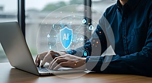 Ai cybersecurity solutions man typing on laptop with ai security shield for data protection and privacy