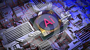 Ai 3d image concept. Computer microprocessor with artificial intelligence on digital background. Computer microprocessor