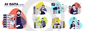 AI data center concept set for web design. Collection with people using network computing with artificial intelligence technology