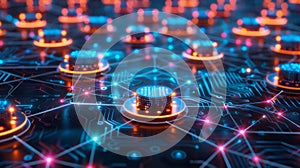 AI Data Network: Futuristic Tech Connection Concept, Cyberpunk Style, Machine Learning, Neural Network, Blockchain, Digital