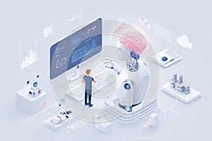 AI data processing illustration with robot and computer interface design