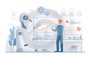 AI data processing illustration with robot and human analyzing graphs