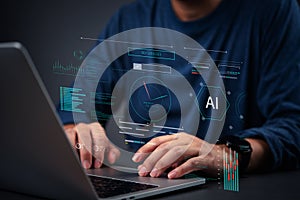 AI developer working on artificial intelligence system with futuristic data interface and machine learning analytics