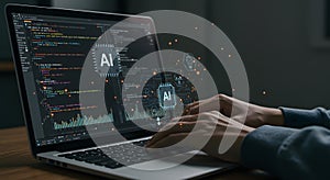AI Development: Programmer Coding Artificial Intelligence on Laptop
