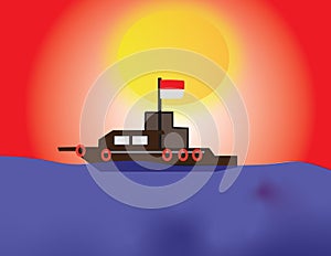 A cartoon image. Sunset view, a ship on opensea photo