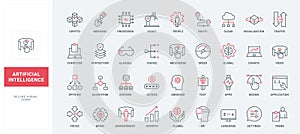 AI, digital brain language and settings, crypto technology and data line icons set