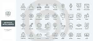 AI, digital brain language and settings line icons set.