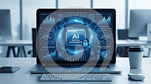 AI digital document folder on laptop with secure data encryption and automation interface, showing smart technology for business