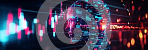 AI Digital Mind Data and Technology Concept A digital human head made of data streams and code representing AI technology