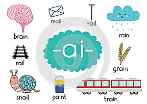 Ai digraph with words educational poster for kids. Learning phonics