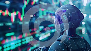 AI-driven trading bot surrounded by binary code.