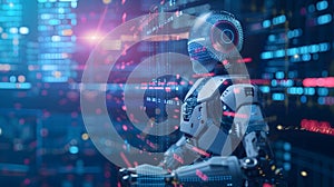 An AI-driven trading bot surrounded by binary code.