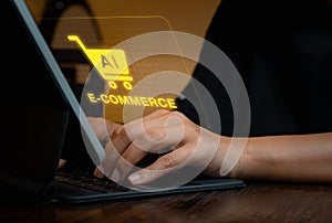 AI E-commerce concept. Artificial intelligence service support tools for ecommerce marketing trends, reach customer. AI cart