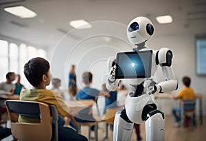 AI education concept with robot teacher in class at school