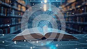 AI in Education. Digital book opening, with AI code and interactive elements. Integration of AI in transforming