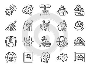 AI engineer line icon set. Included icons as artificial intelligence, robotics, machine learning, robot, automation, humanoid and