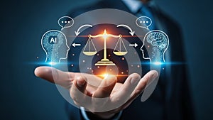 AI Ethics Concept with Human Brain and Microchip Balancing on Justice Scale