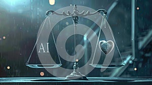 AI Ethics and Governance. Balance between technology and humanity shown on digital scale