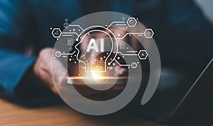 AI expert analytics tech, artificial intelligence technology concept, Technology and people concept man use AI to help work, AI
