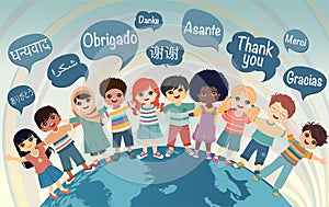 Children hugging and coming from different nations . Text -thank you- in various languages