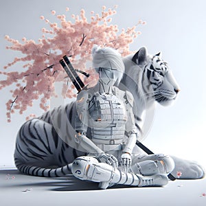 Ai female robot sitting next to a large white tiger.
