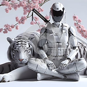 Ai female robot sitting next to a large white tiger.