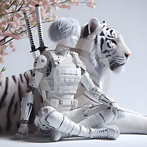 Ai female robot sitting next to a large white tiger.