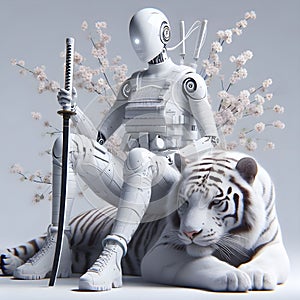 Ai female robot sitting next to a large white tiger.