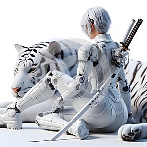 Ai female robot sitting next to a large white tiger.