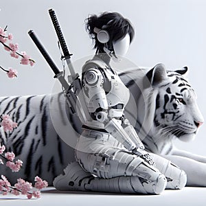 Ai female robot sitting next to a large white tiger.