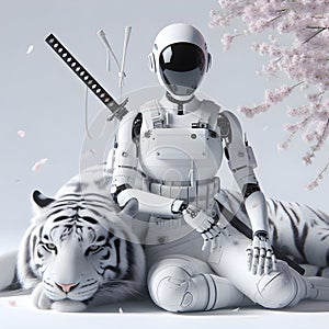 Ai female robot sitting next to a large white tiger.