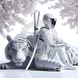 Ai female robot sitting next to a large white tiger.