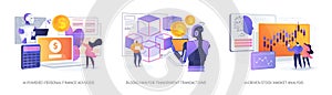 AI Financial Tools and Blockchain abstract concept vector illustrations.