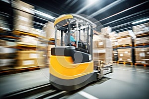 AI forklift in blur, swiftly revolutionizes warehousing, efficiency at its core