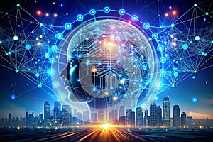 AI, futuristic head, city skyline, digital network
