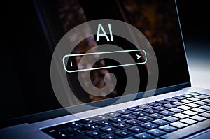 AI generate content with prompt in laptop. Image with artificial intelligence in computer. Work with chatbot and text model.
