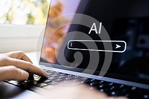 AI generate content with prompt in laptop. Text or image generator at work using computer. Search with artificial intelligence.