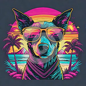 AI generate Firefly T-shirt design of a dog wearing sunglasses with a tropical beach, in the stAyle of neon halluA photo