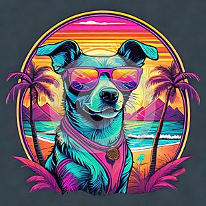 AI generate Firefly T-shirt design of a dog wearing sunglasses with a tropical beach, in the stAyle of neon halluA photo