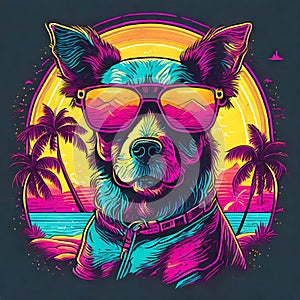 AI generate Firefly T-shirt design of a dog wearing sunglasses with a tropical beach, in the stAyle of neon halluA photo