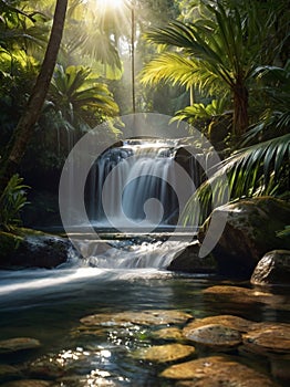 a waterfall in the jungle is lit by the sun.