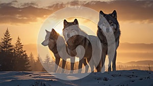 AI Generated 3 Wolves on Snow at the Sunrise