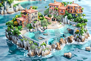 Ai generated 3d diorama of European sea resort. Digital art with low poly cute houses, sea bay and boats